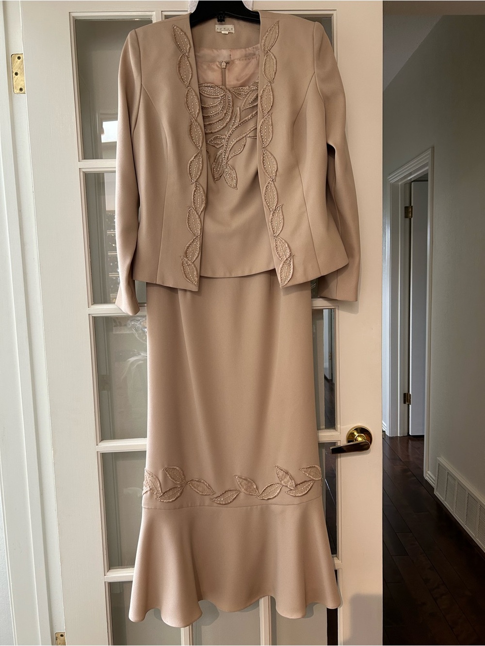 Vintage Style America Beaded Dress Jacket Set Taupe Formal Wedding S